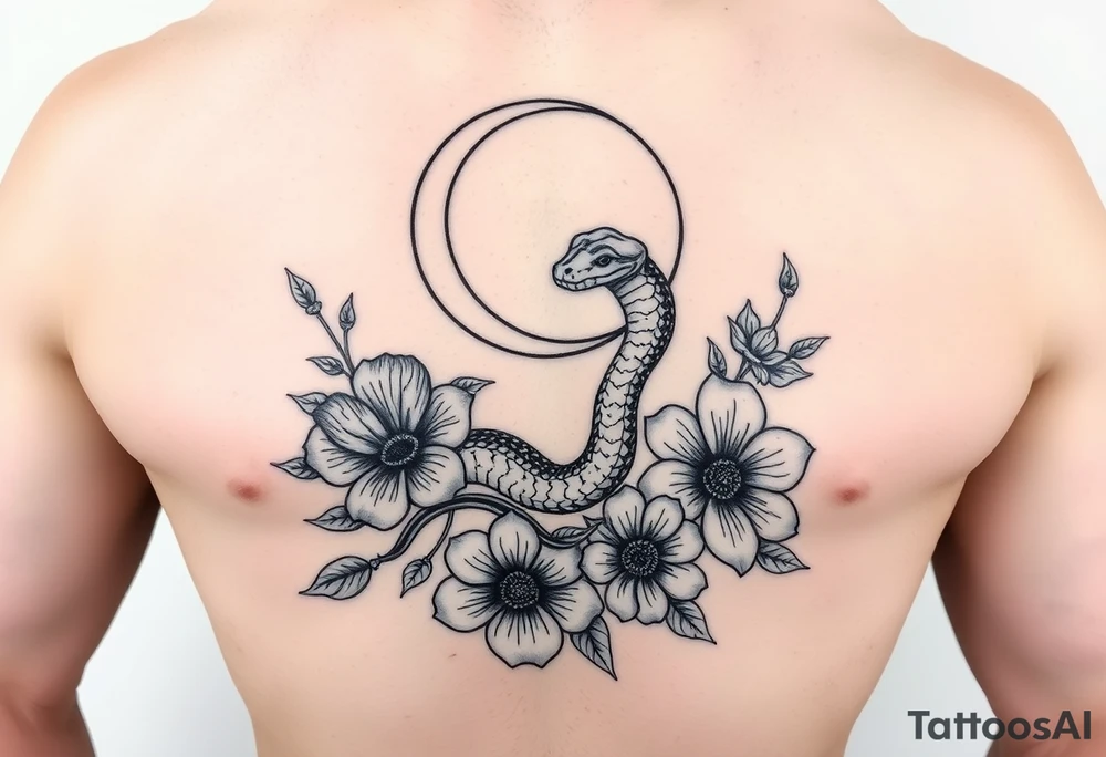 A snake slithering in different flowers with a crescent moon in the background, for a ribcage tattoo idea