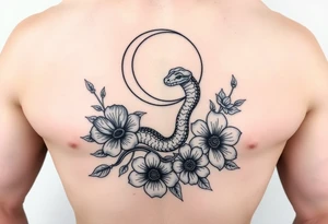 A snake slithering in different flowers with a crescent moon in the background, for a ribcage tattoo idea