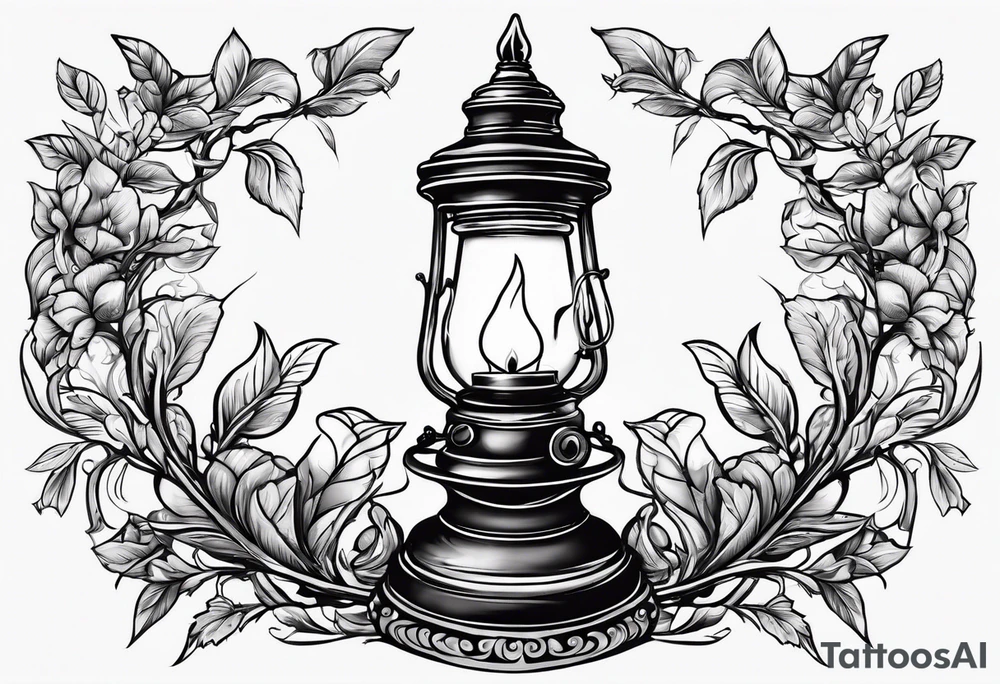Oil lamp surrounded by leafy vines tattoo idea