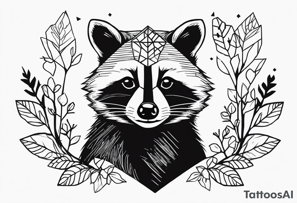 Raccoon in nature in shape of long diamond tattoo idea