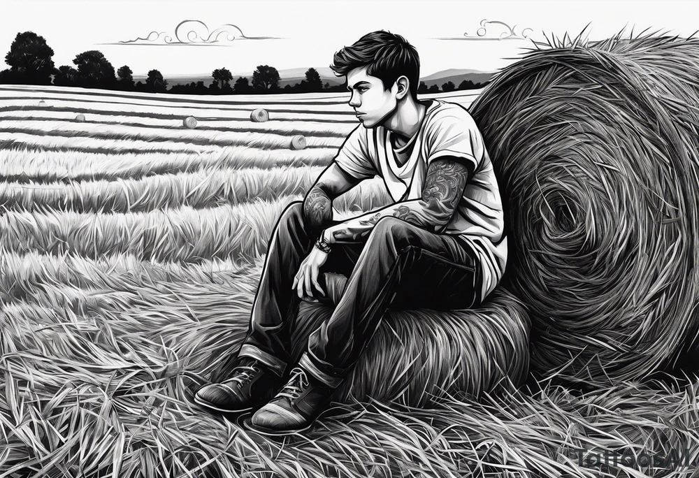A boy sitting on top of a twisted bale of hay in a field where you can see the same bales of hay in the distance, and a tattoo idea