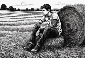 A boy sitting on top of a twisted bale of hay in a field where you can see the same bales of hay in the distance, and a tattoo idea