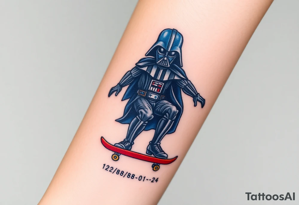Darth Vader skateboarding >
blue & red
skateboard words "Darth Carter"
add date 12/29/88-01/06/24 tattoo idea