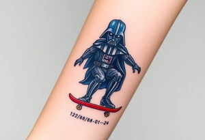 Darth Vader skateboarding >
blue & red
skateboard words "Darth Carter"
add date 12/29/88-01/06/24 tattoo idea