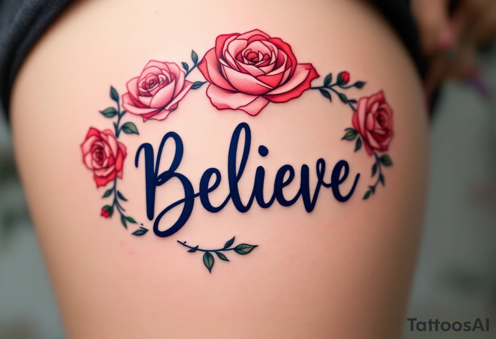 "Believe" in dark blue, surrounded by a floral wreath of roses in red and pink, symbolizing the beauty and power of persistence. tattoo idea