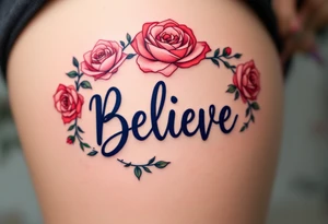 "Believe" in dark blue, surrounded by a floral wreath of roses in red and pink, symbolizing the beauty and power of persistence. tattoo idea