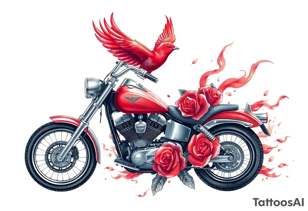 Motorcycle, red bird flying, roses and lace, flames tattoo idea