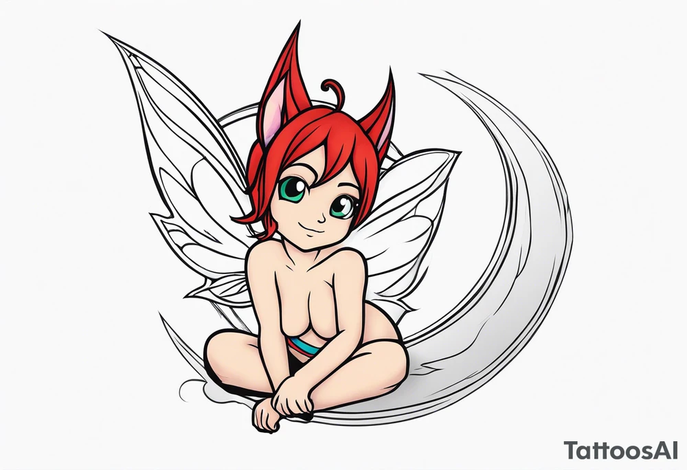A fairy with a tail inspired by the logo of the show called Fairy Tail in a fetal position leaning in tattoo idea