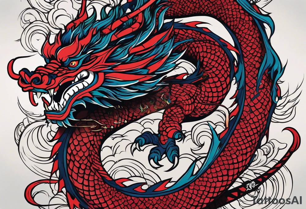 The name Nakama painted vertically  in Shodo style. A Japanes dragon coiled around it. tattoo idea