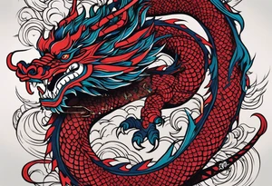 The name Nakama painted vertically  in Shodo style. A Japanes dragon coiled around it. tattoo idea