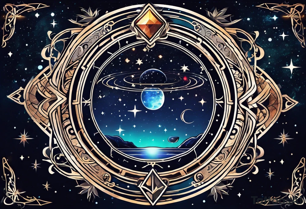 Matter, energy, space and time with an old stone theta symbol with stars in the background and Scorpio constellation tattoo idea