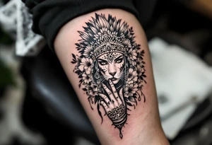 powerful beautiful women warrior with jaguar headdress surrounded by flowers and with a guiding hand tattoo idea