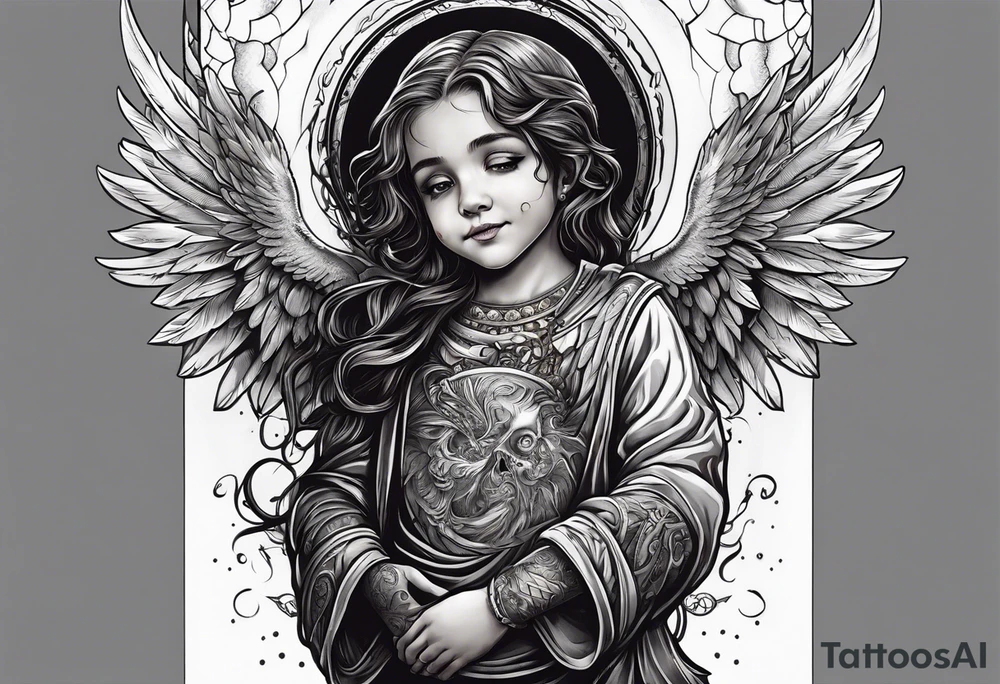 Kid smiling looking up at angel of death tattoo idea