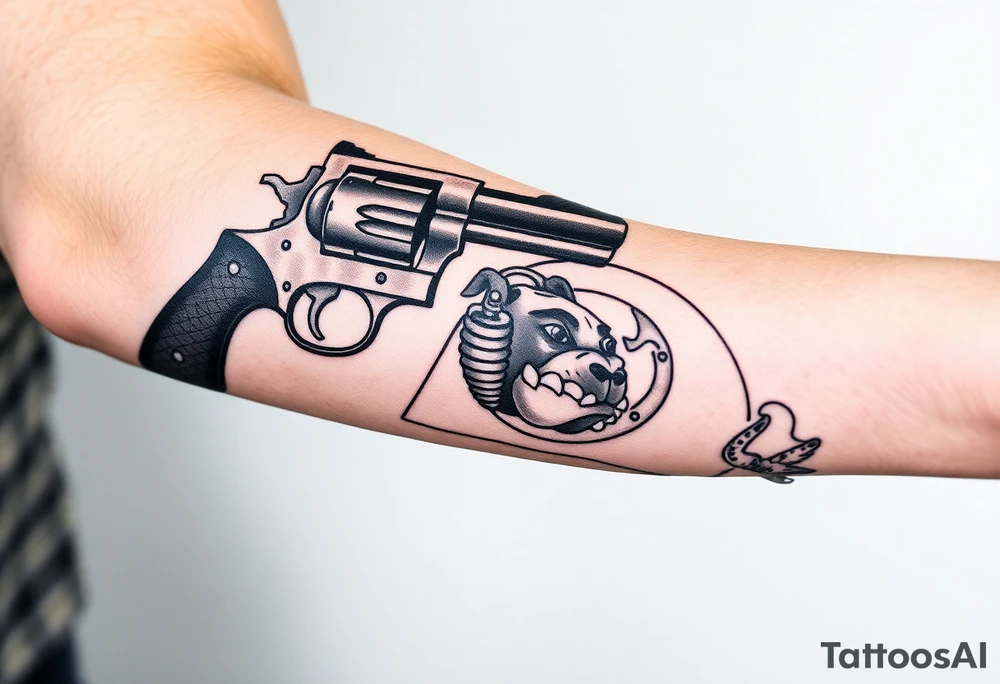 Revolver, American flag, state of florida, grenade, horseshoe, bulldog and blended into a half forearm sleeve with designed filling for a full arm sleeve tattoo idea
