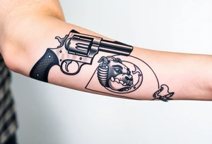 Revolver, American flag, state of florida, grenade, horseshoe, bulldog and blended into a half forearm sleeve with designed filling for a full arm sleeve tattoo idea