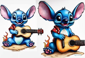 Stitch tattoo on arm under shoulder that is the version of stitch where he’s dressed up like Elvis playing a ukulele on a beach tattoo idea