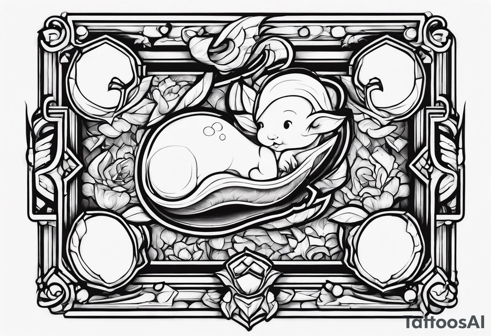 Old school cartoon foetus dans un rectangle à la verticale tattoo idea