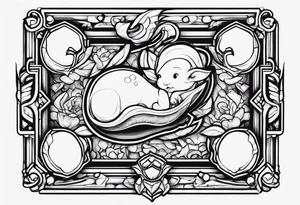 Old school cartoon foetus dans un rectangle à la verticale tattoo idea