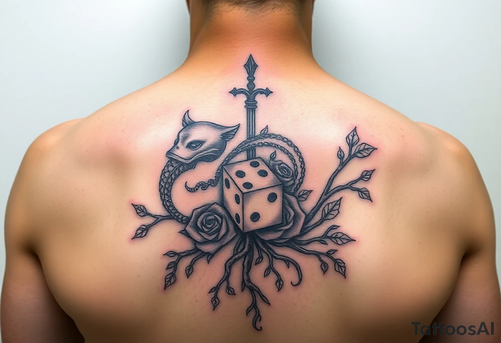 knight and squid intertwined with tree roots and roses rolling dice tattoo idea