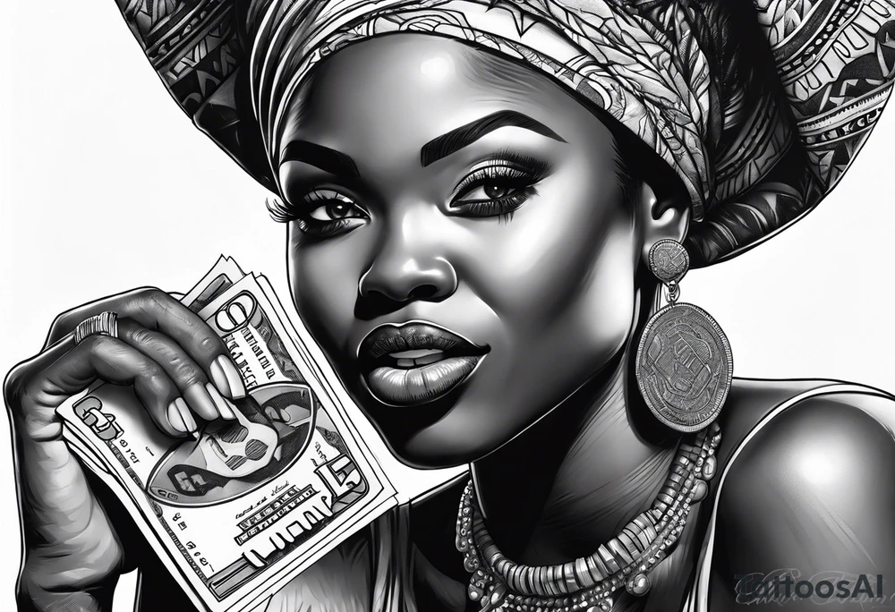 african woman biting money tattoo idea
