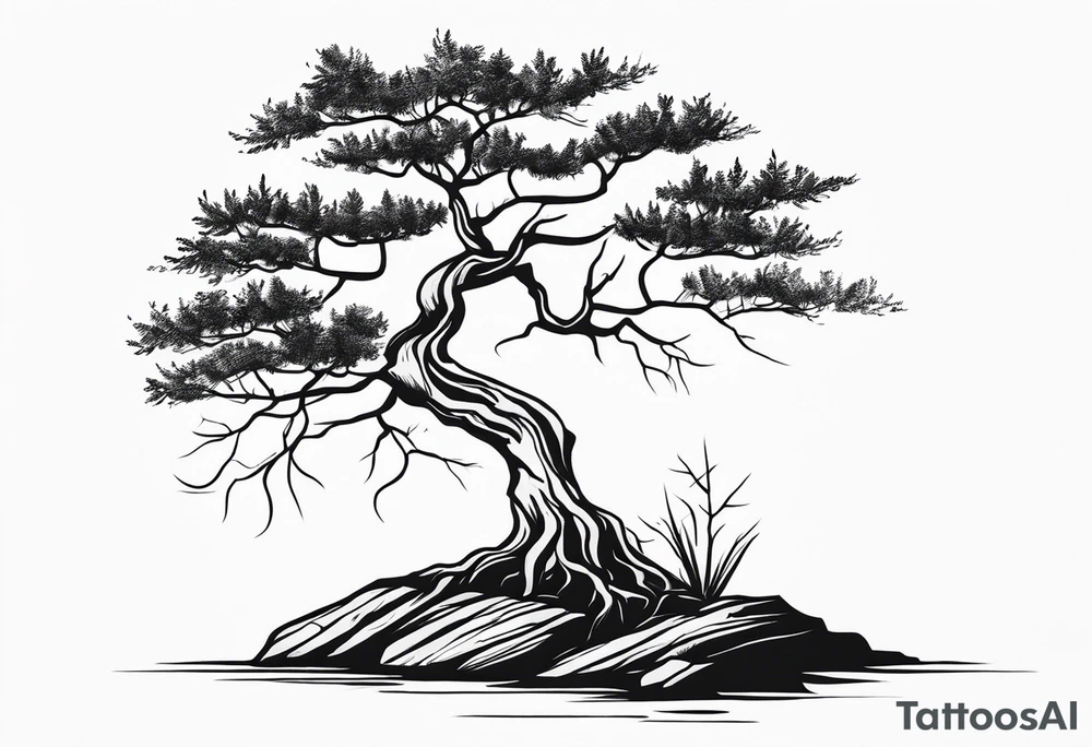 Tree growing out of stone cliff with roots creating cracks tattoo idea