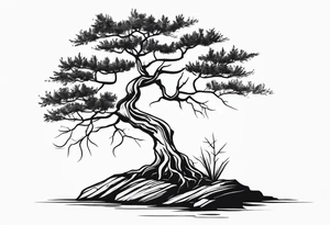 Tree growing out of stone cliff with roots creating cracks tattoo idea