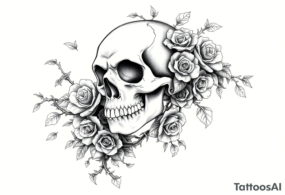 gothic skull intertwined with climbing roses and thorny vines tattoo idea