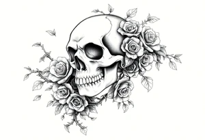 gothic skull intertwined with climbing roses and thorny vines tattoo idea