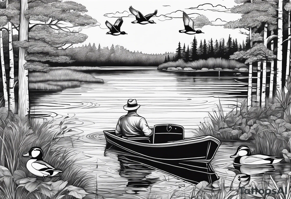 Wooded area with lake, mallards flying, and a model t tattoo idea