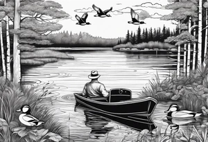 Wooded area with lake, mallards flying, and a model t tattoo idea