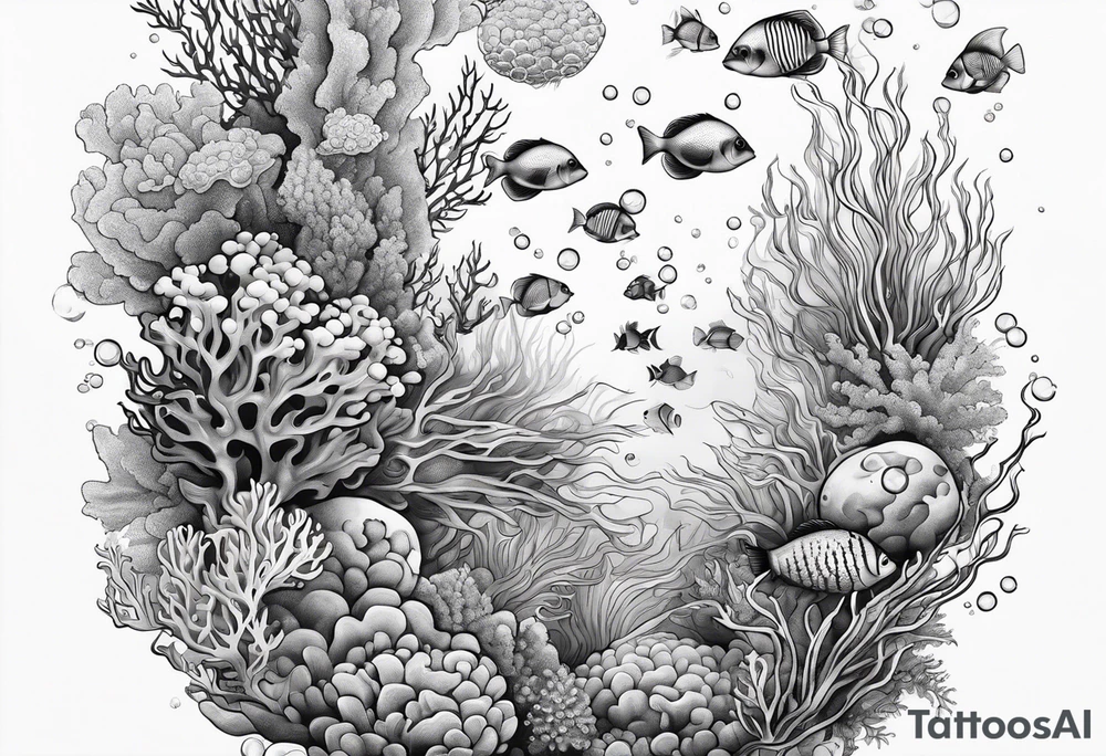 underwater coral reef with bubbles and fish tattoo idea