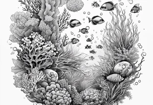 underwater coral reef with bubbles and fish tattoo idea