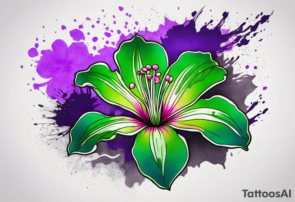 A mystical outline of a green rio dipladenia flower and a green/purple watercolor splatter in the background tattoo idea