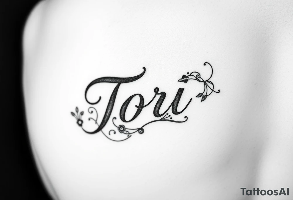 The name Tori on a man’s hand with designs tattoo idea