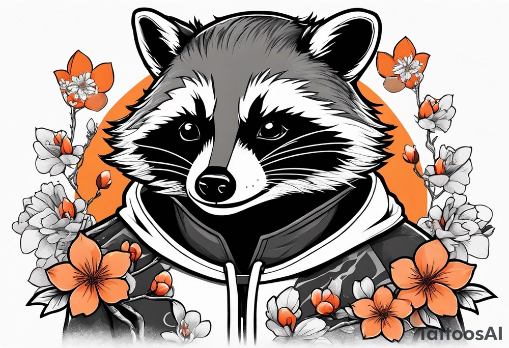 Raccoon wearing a white Superman logo on a black hoodie and orange Japanese cherry blossoms beside tattoo idea