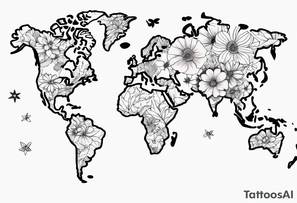 World map with floral design tattoo idea