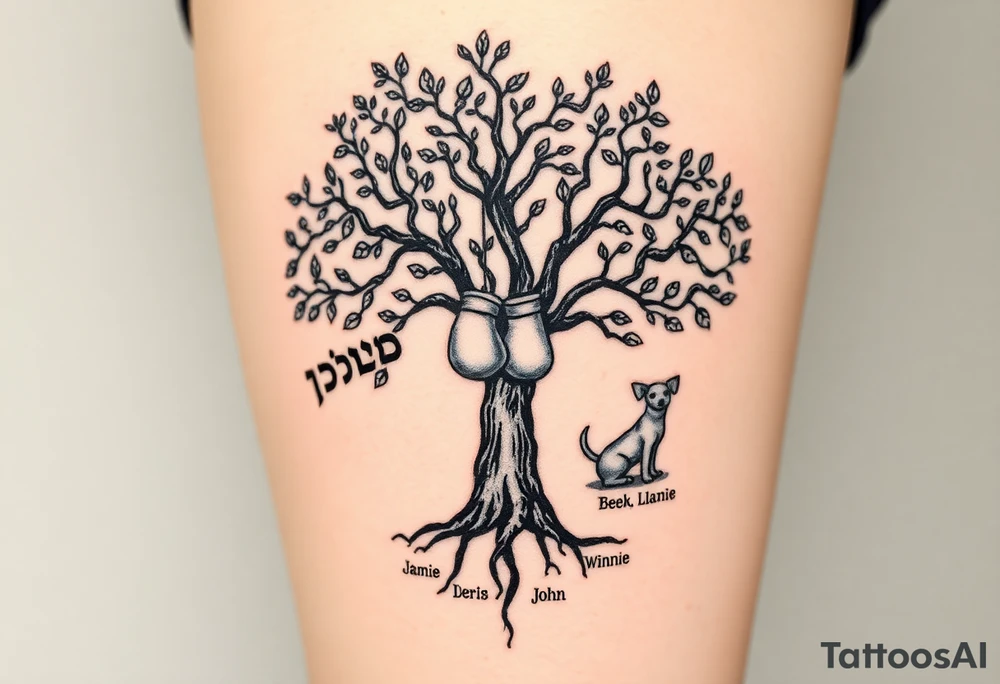 Hippy beech tree full of life. 
Jamie, Derek, Iris, John, bill, Winnie names in the roots, Mavis, Garhi, Mickey, Pam, Lucy, in the branches at the top. Names can be in Hebrew. 
Three dogs a Rhodesian Ridgeback, King Charles cavalier and chihuahua. 
Prett, feminine ornate. Boxing gloves hanging from tree tattoo idea