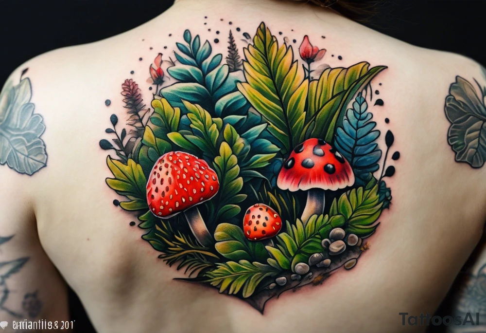 a delicate coloured realistic forest floor inspired tattoo, which must include: grass, ferns, small strawberries, a small flying bumblebee, some very small mushrooms, dead leaves tattoo idea