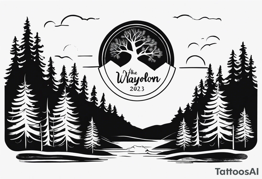 the name Waylon with the date 9/15/23 underneath with pinecones and trees in the background tattoo idea