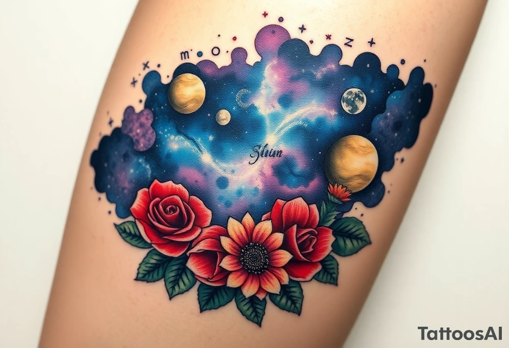 Milky way galaxy with planets with zodiac symbols and protection runes with red roses and sunflowers tattoo idea