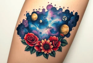 Milky way galaxy with planets with zodiac symbols and protection runes with red roses and sunflowers tattoo idea