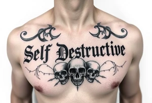 The words “Self Destructive” in a Chicano/Old English Font across the chest with negative shading and greywash skulls tattoo idea