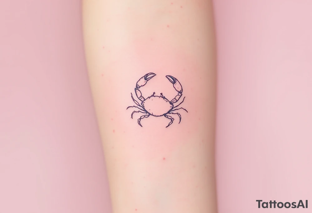 A soft pink sky background frames a hand-poked Cancer constellation with a faint gray crab outline. tattoo idea