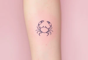 A soft pink sky background frames a hand-poked Cancer constellation with a faint gray crab outline. tattoo idea
