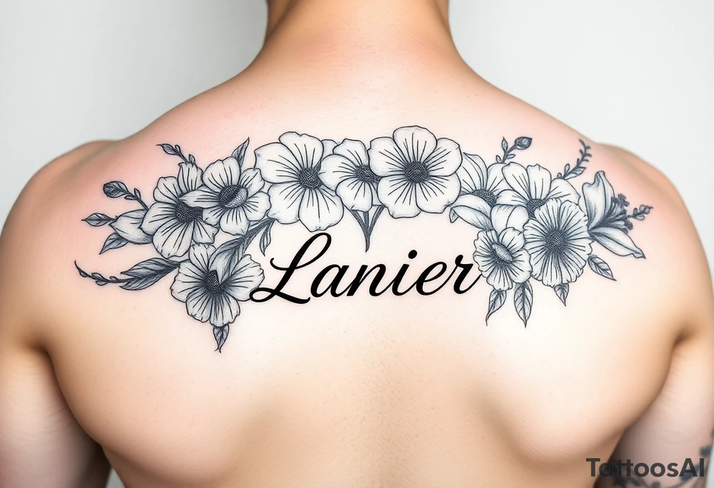 Birth flowers for the month of January February March May, June, July, August, November, and the name Lanier in cursive between the flowers on sleeve tattoo idea