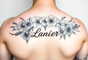 Birth flowers for the month of January February March May, June, July, August, November, and the name Lanier in cursive between the flowers on sleeve tattoo idea