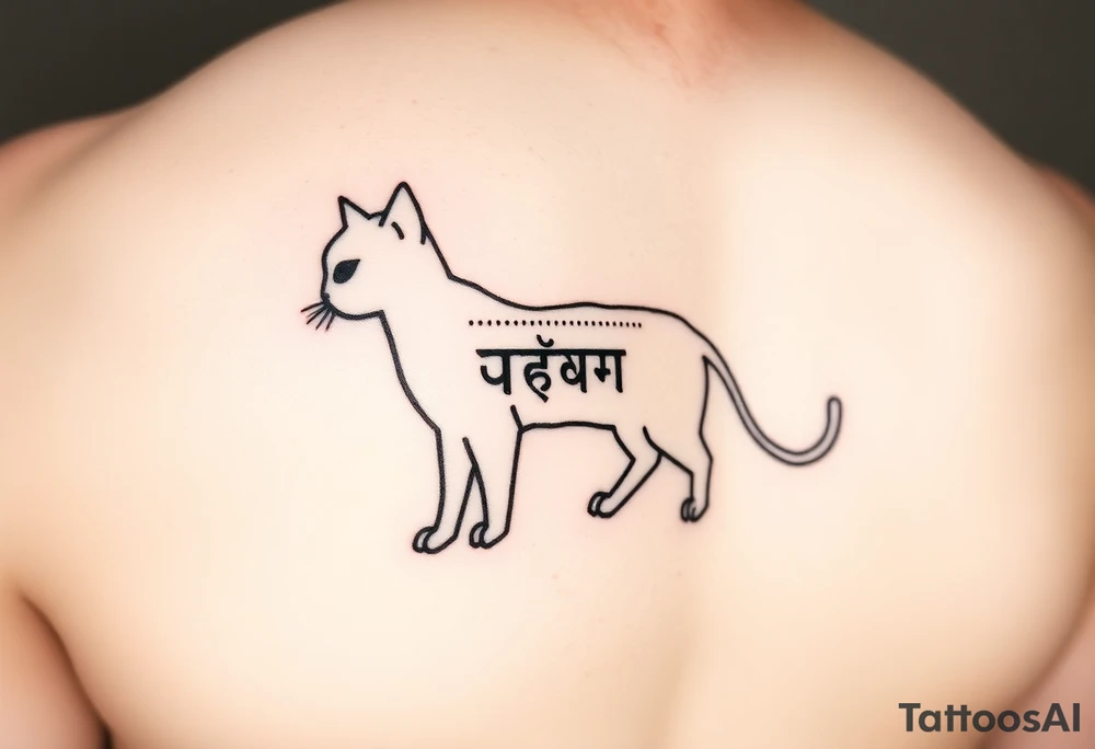 "Minimalist black tattoo of a quantum cat. Design elements:  
1. Outline made of binary code (alternating 0 and 1, crisp 1.5mm lines)  
2. Negative space inside body reveals hidden Sanskrit text ('अवलोकन न करें') when tilted  
3. Tail curves into a question mark  

Technical specs:  
- Pure black ink  
- Size: 8x5cm (forearm placement)  
- Style: geometric dotwork with optical illusion  

Philosophical hook: 'The cat only exists when unobserved'" tattoo idea
