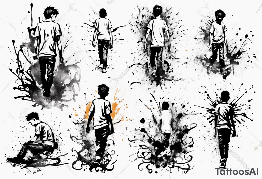 Paint splash drawing a lost boy walking alone tattoo idea