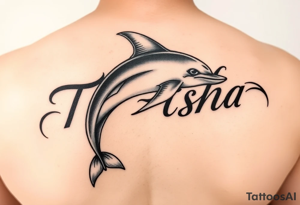 The name Ti'Asha with a dolphin for my mom favorite animal with the tattoo being somewhere on the arm or bicep tattoo idea