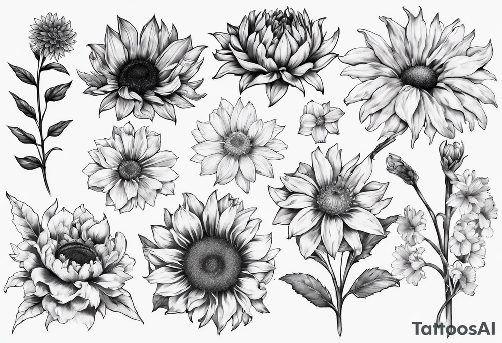 masculine tattoo blackwork
Sunflower, Chrysanthemum, gladiolus, Forget-me-not, Sakura tattoo idea